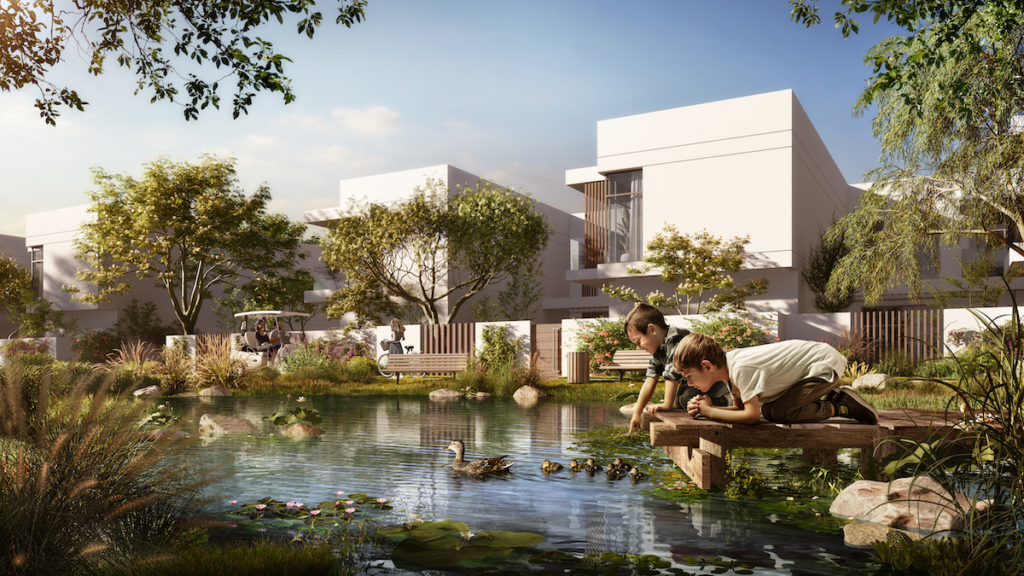 the sustainable city yas island lake view in the green spine